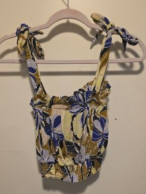 Rip Curl Blue and Yellow Floral Tie-Shoulder Smocked Crop Top 016